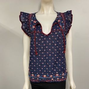 Point Sur Dark Blue Floral Ruffle Shirt Top size Small